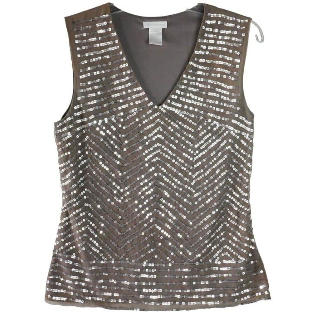 Worthington Womens Size M Sleeveless Brown Blouse Silver Tone Sequins Pull Over